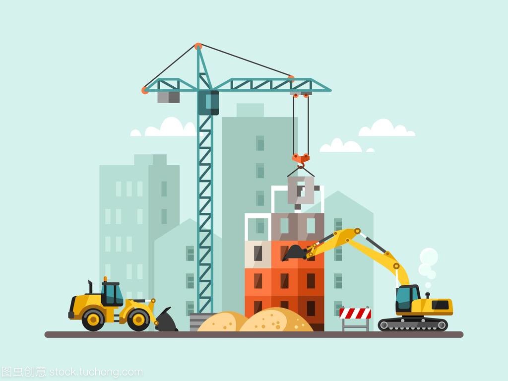 房屋和建筑機械的建設工作進程。矢量圖